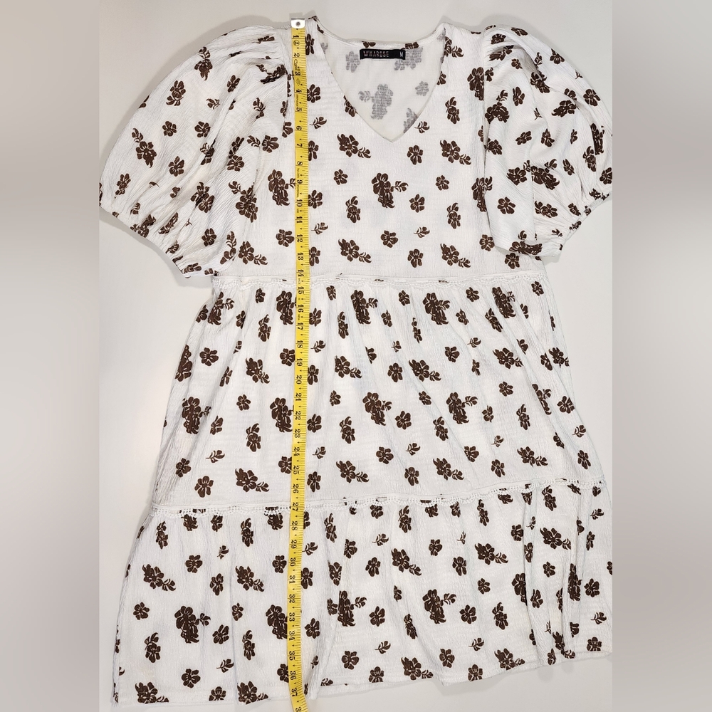 Mikarose Dress Floral Size M White/Brown Spring Tiered Cloud Dress Pockets Lace - Picture 3 of 12